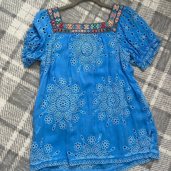 Johnny Was embroidered peasant top in Azure Blue - Picture 2 of 12